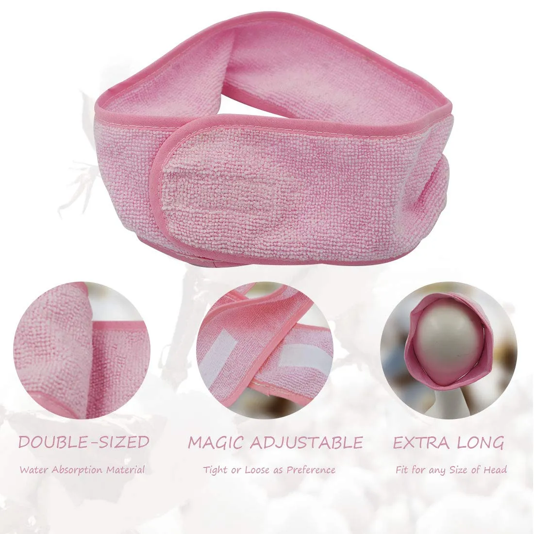 (3 Pack Adjustable Facial Makeup Headband with Magic Tape Super Absorption Microfiber Terry Cloth Sweat-Absorbent Spa Headband Facial Washing Wrap Yoga Sports Hairband (Microfiber Pink)