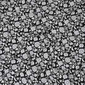 Black premium pure silk crepe fabric with pearl grey and white print in floral design-D12078