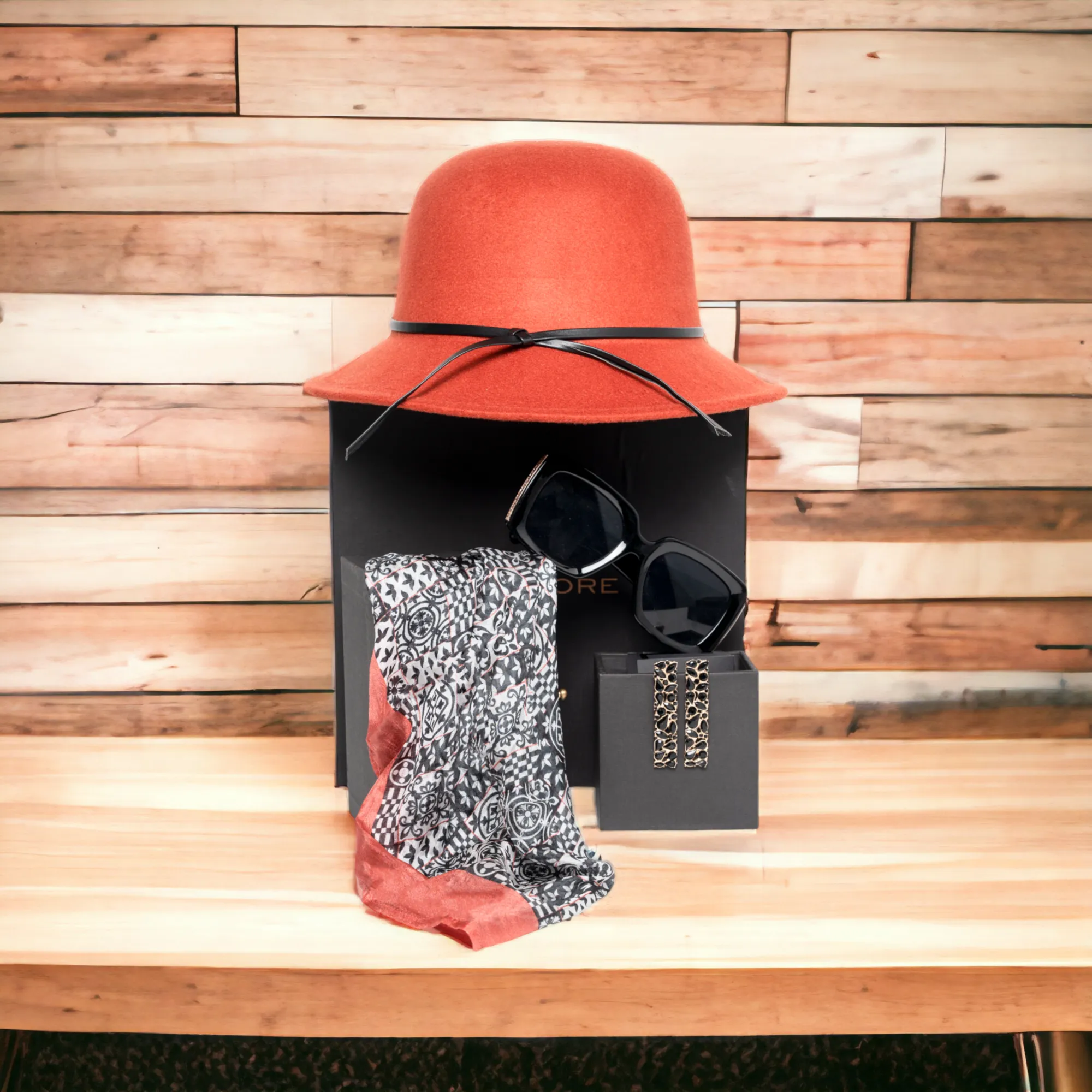 Chokore Special 3-in-1 Gift Set for Her (Red Cloche Hat, Silk Stole, & Sunglasses)