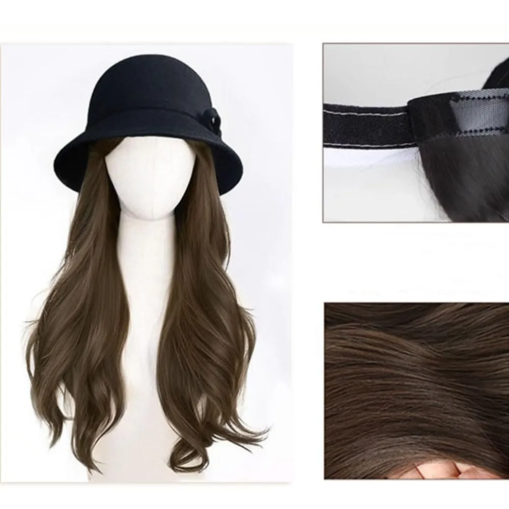 Cloche Bucket Hat with Long Curly Hair Extensions Lady Fedora Hat Wig Vintage Top Cap Attached Synthetic Hairpiece (White Black)