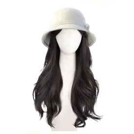 Cloche Bucket Hat with Long Curly Hair Extensions Lady Fedora Hat Wig Vintage Top Cap Attached Synthetic Hairpiece (White Black)