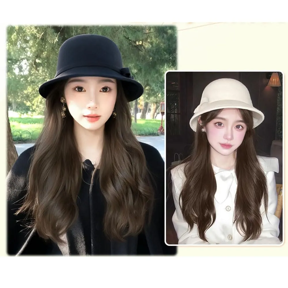 Cloche Bucket Hat with Long Curly Hair Extensions Lady Fedora Hat Wig Vintage Top Cap Attached Synthetic Hairpiece (White Black)