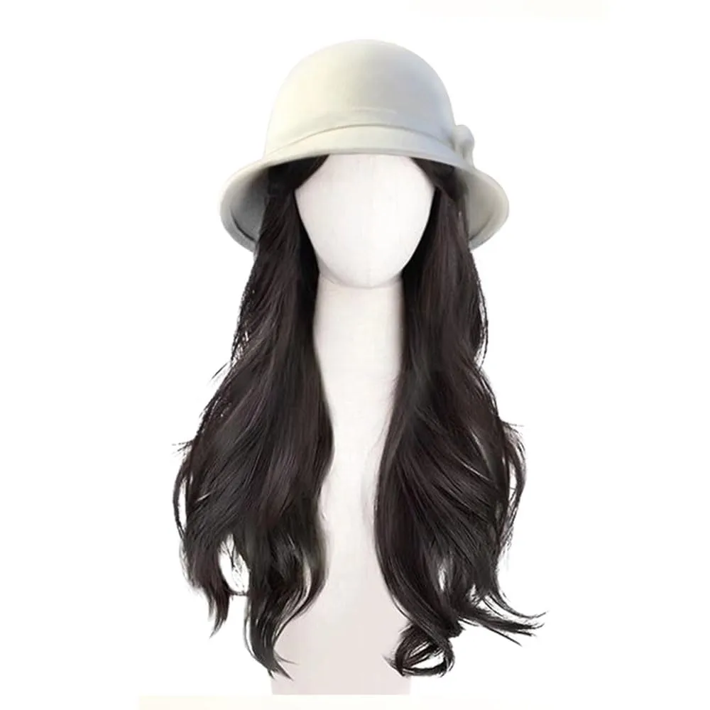 Cloche Bucket Hat with Long Curly Hair Extensions Lady Fedora Hat Wig Vintage Top Cap Attached Synthetic Hairpiece (White Black)