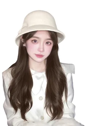 Cloche Bucket Hat with Long Curly Hair Extensions Lady Fedora Hat Wig Vintage Top Cap Attached Synthetic Hairpiece (White Brown)