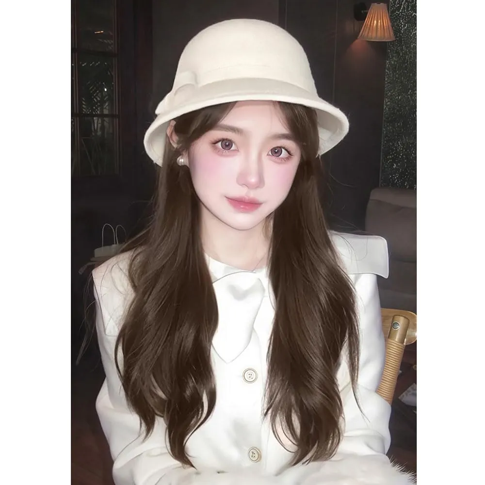 Cloche Bucket Hat with Long Curly Hair Extensions Lady Fedora Hat Wig Vintage Top Cap Attached Synthetic Hairpiece (White Brown)