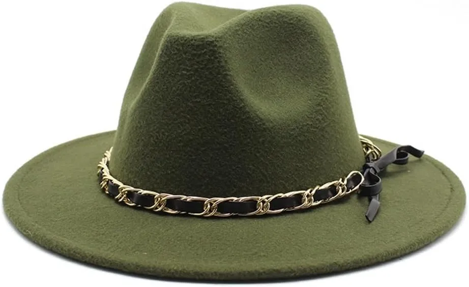 DHAEY New Golden Chain Bow Belt Woolen Hat European and American Jazz Felt Hat Men's and Women's Large Flat Brimmed Hat Luopan Caps & Hats(Military Green)