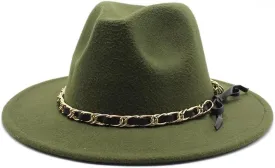 DHAEY New Golden Chain Bow Belt Woolen Hat European and American Jazz Felt Hat Men's and Women's Large Flat Brimmed Hat Luopan Caps & Hats(Military Green)