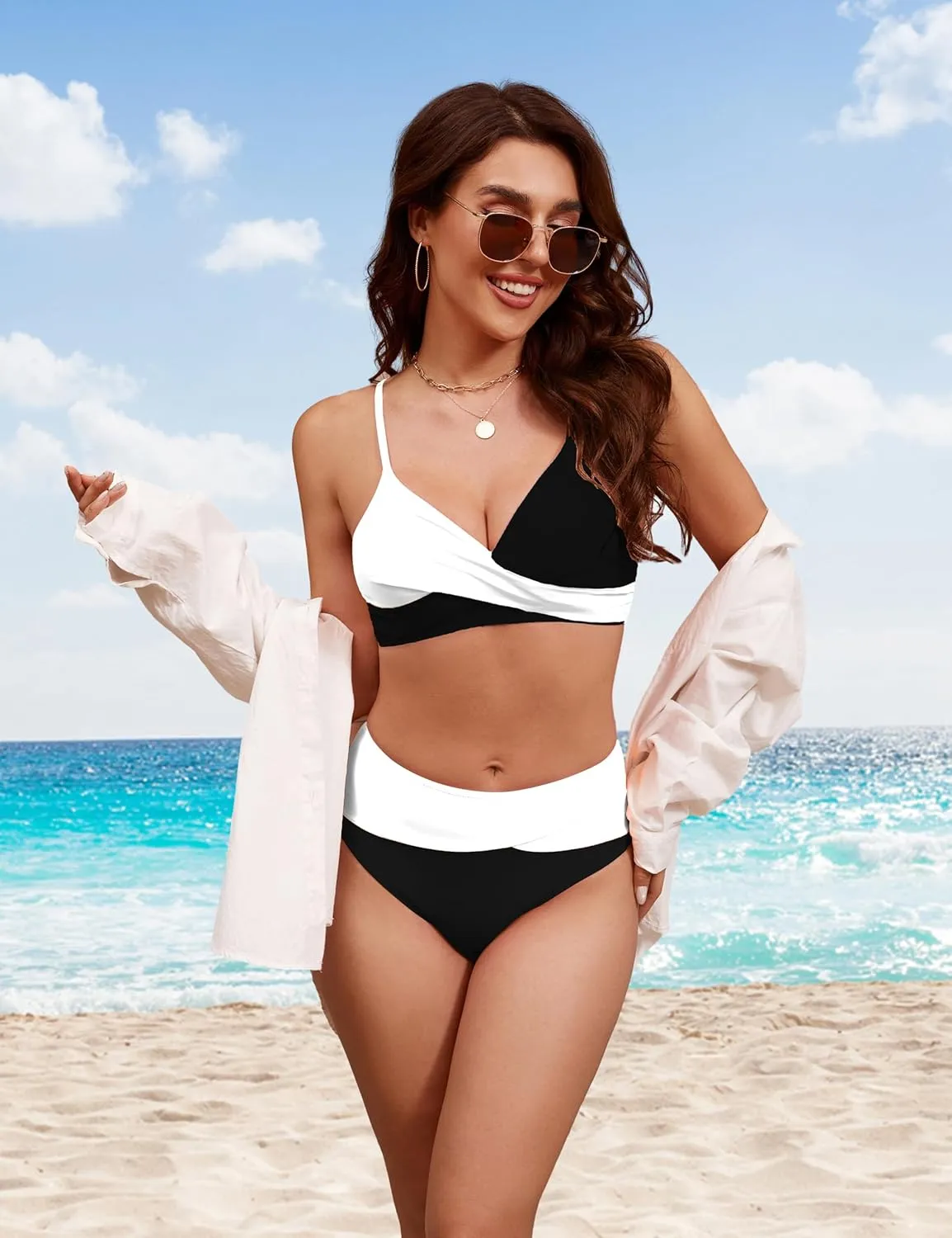 Edelqual Women's High Waisted Bikini Sets Two Piece Swimsuit Tummy Control Bathing Suit V Neck Swimwear 2025 Swim Suit