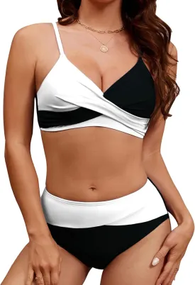 Edelqual Women's High Waisted Bikini Sets Two Piece Swimsuit Tummy Control Bathing Suit V Neck Swimwear 2025 Swim Suit
