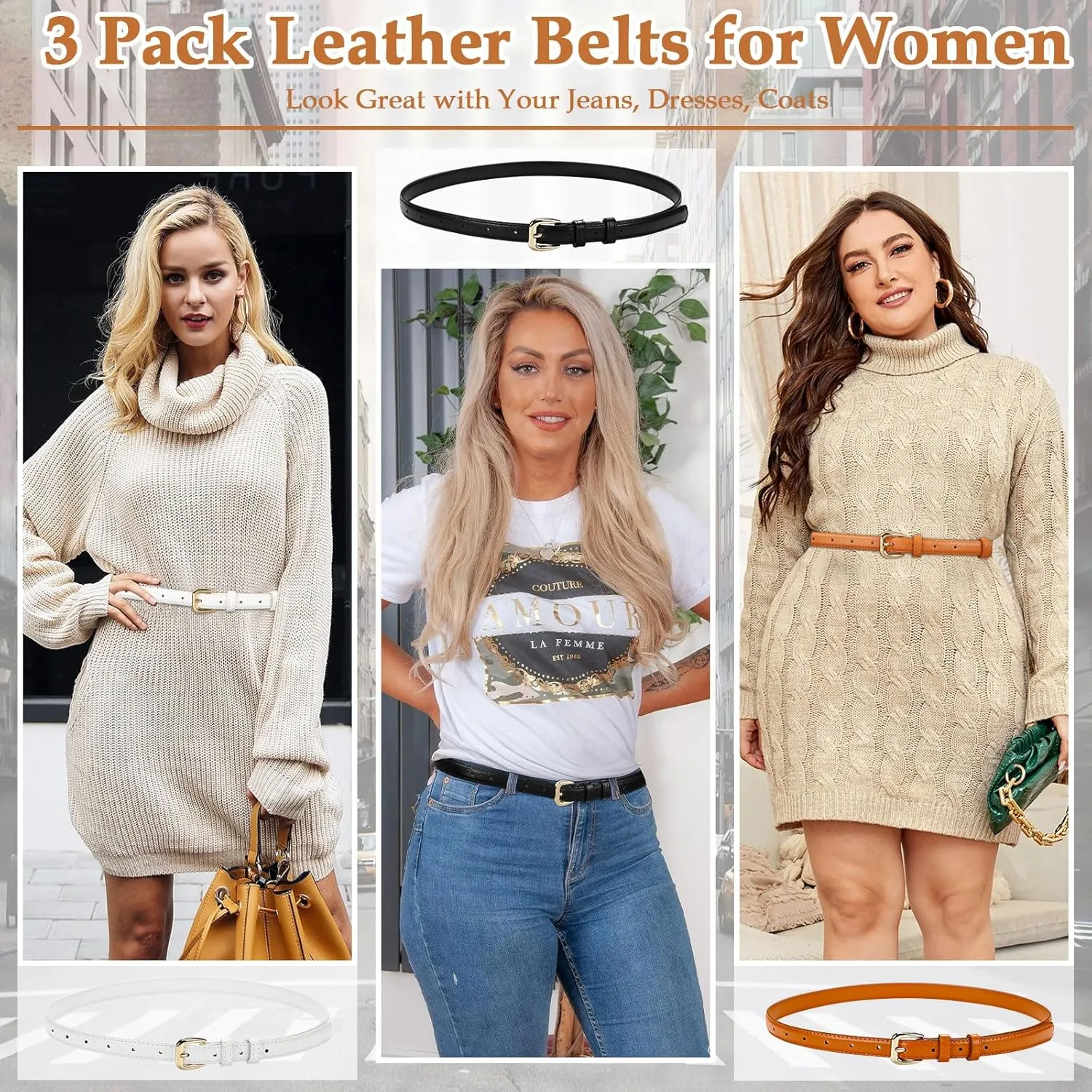 Etercycle 3 Pack Thin Belts for Women, Fashion Ladies Belt for Jeans Dress Pants, Trendy Faux Leather Waist Belt