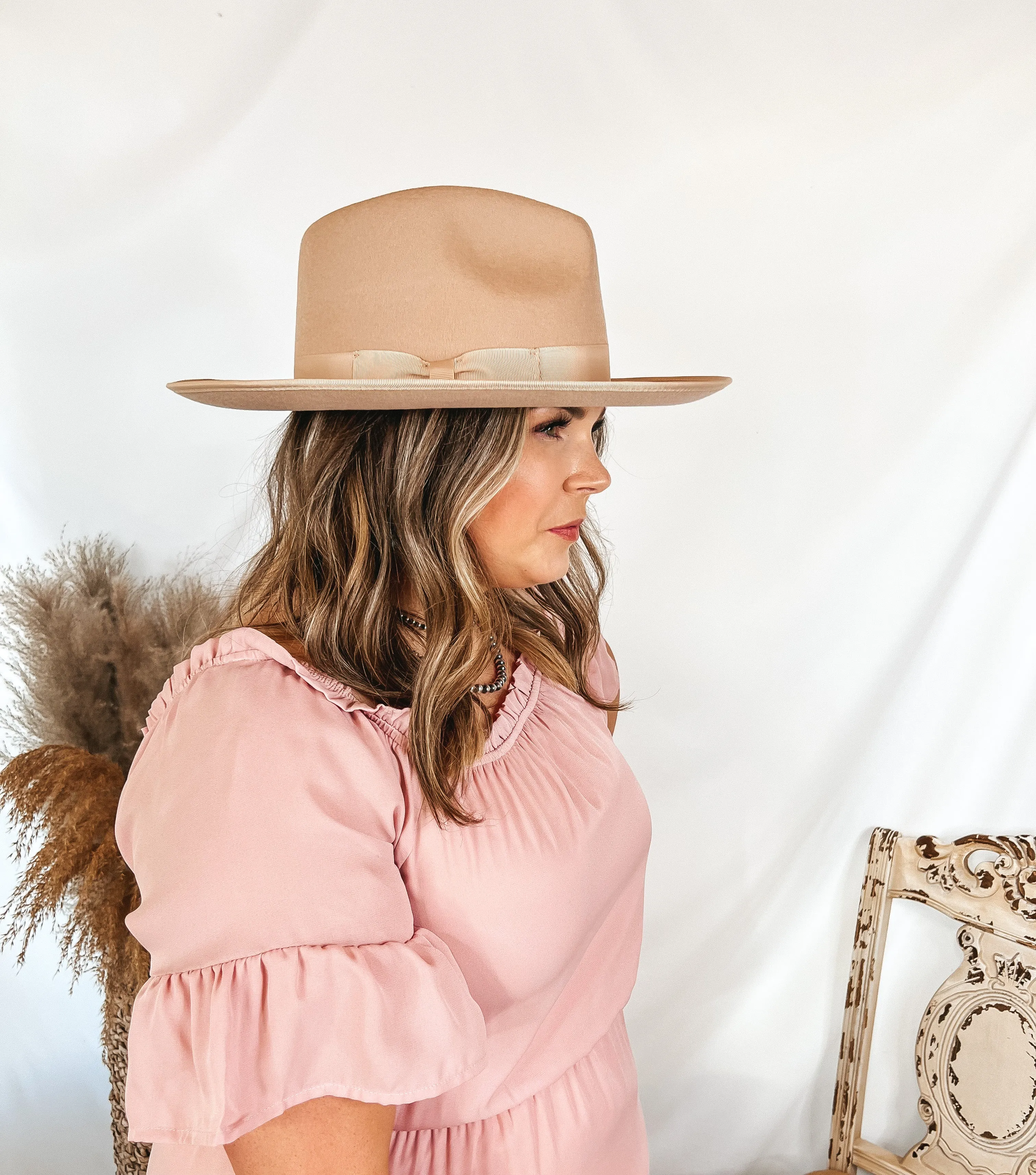 GiGi Pip | Monroe Wool Felt Rancher Hat with Ribbon Band in Nude