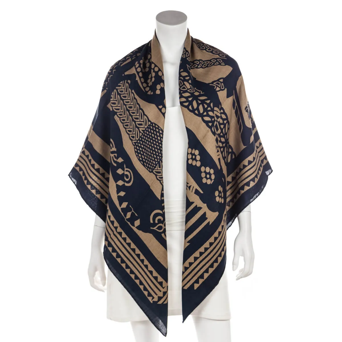 Hermes Caramel & Navy Cashmere Fantaisie d'Etriers Shawl 140