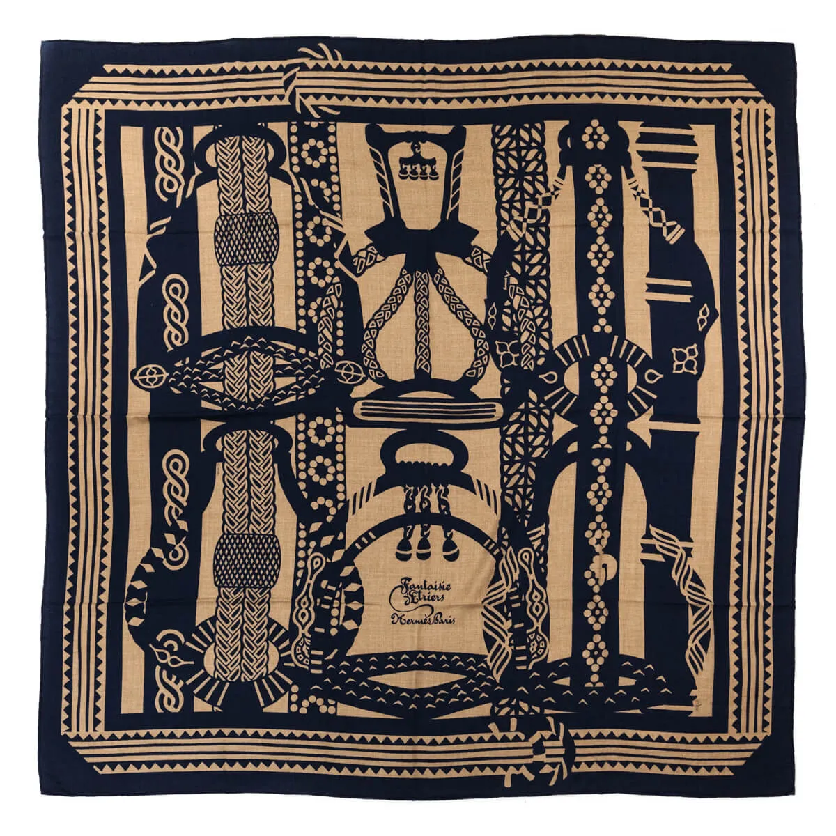 Hermes Caramel & Navy Cashmere Fantaisie d'Etriers Shawl 140