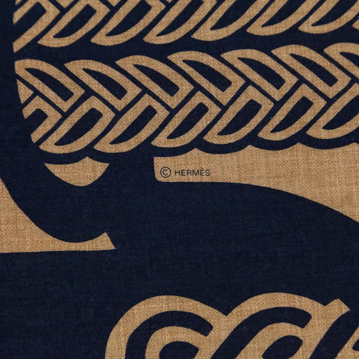 Hermes Caramel & Navy Cashmere Fantaisie d'Etriers Shawl 140