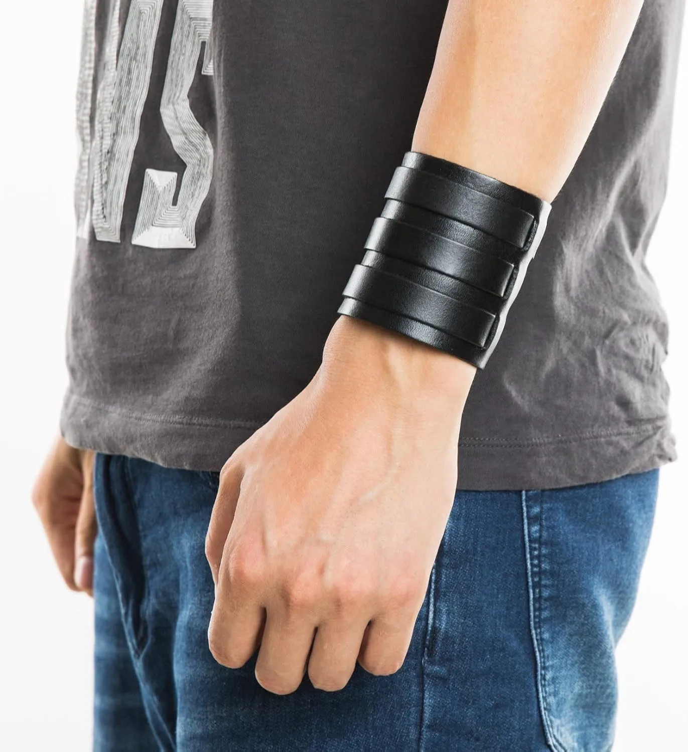 HZMAN Mens Leather Wide Triple Strap Cuff Wrap Gauntlet Wristband Buckle Fastening Arm Armor Cuff