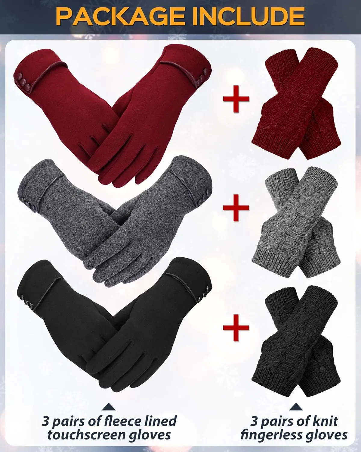 Janmercy 6 Pair Winter Women Fingerless Touchscreen Mitten Glove 2 in 1 Fleece Lined Texting Full Knit Glove Cold Weather