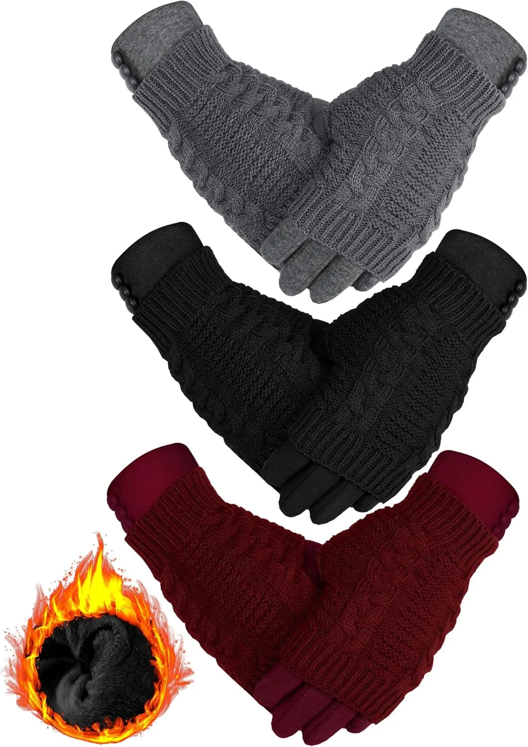 Janmercy 6 Pair Winter Women Fingerless Touchscreen Mitten Glove 2 in 1 Fleece Lined Texting Full Knit Glove Cold Weather