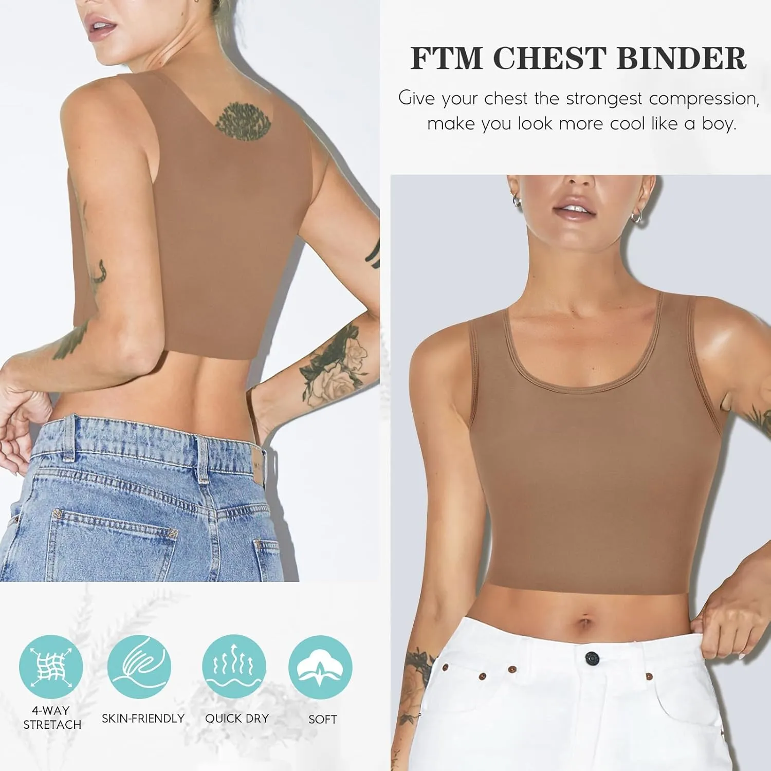 LODAY Women Transgender Tomboy FTM Elastic Chest Binder Bra Pullover Tank Top