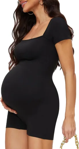 Maternity Romper with Square Neck and Short Sleeve Bodysuit, Photoshoot Casual Workout Maternity-Clothes