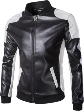 Mens Leather Jacket Color Block Moto Jacket Windproof Zip up Jacket Faux Leather Winter Coat with Pockets