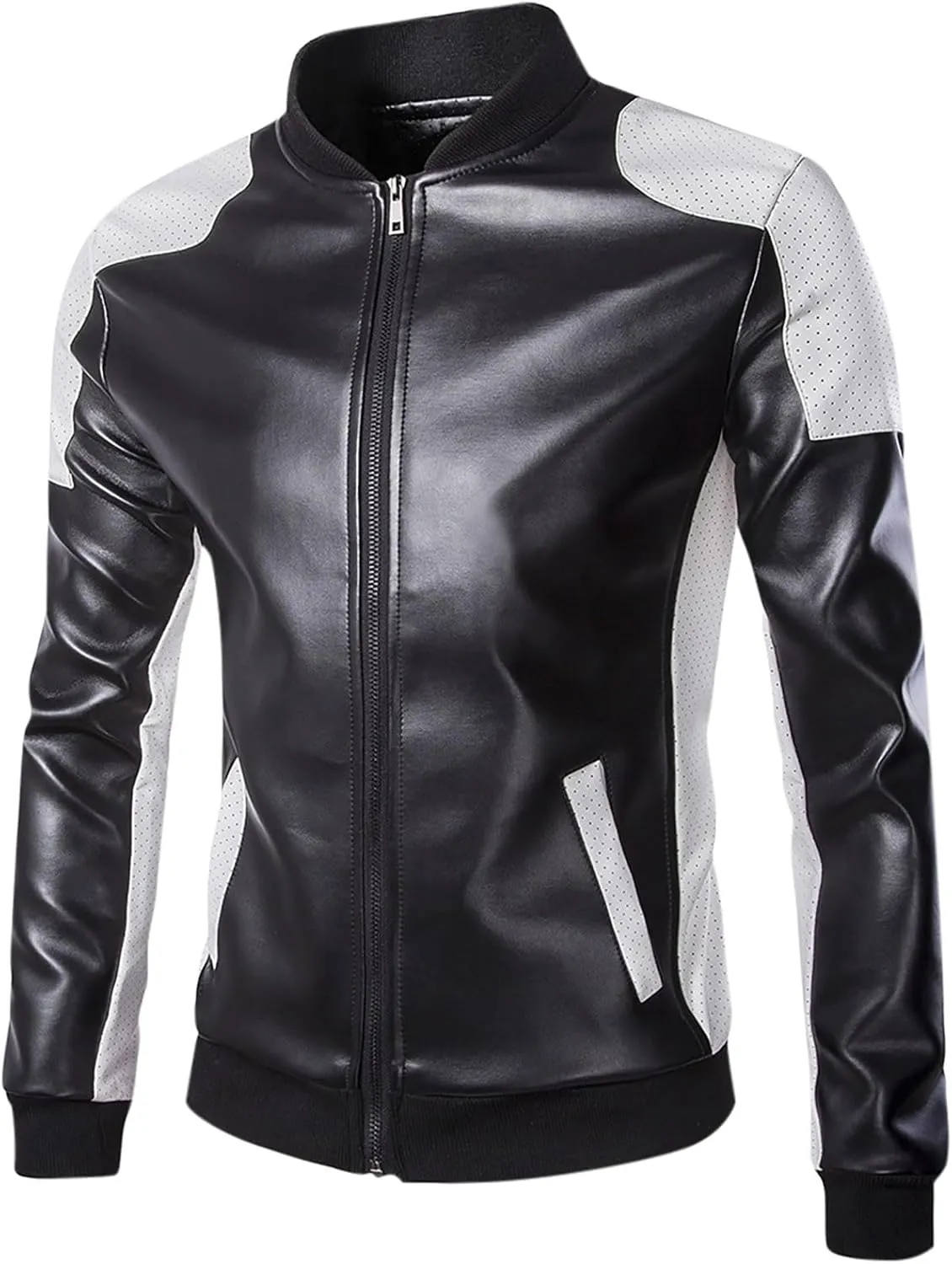 Mens Leather Jacket Color Block Moto Jacket Windproof Zip up Jacket Faux Leather Winter Coat with Pockets