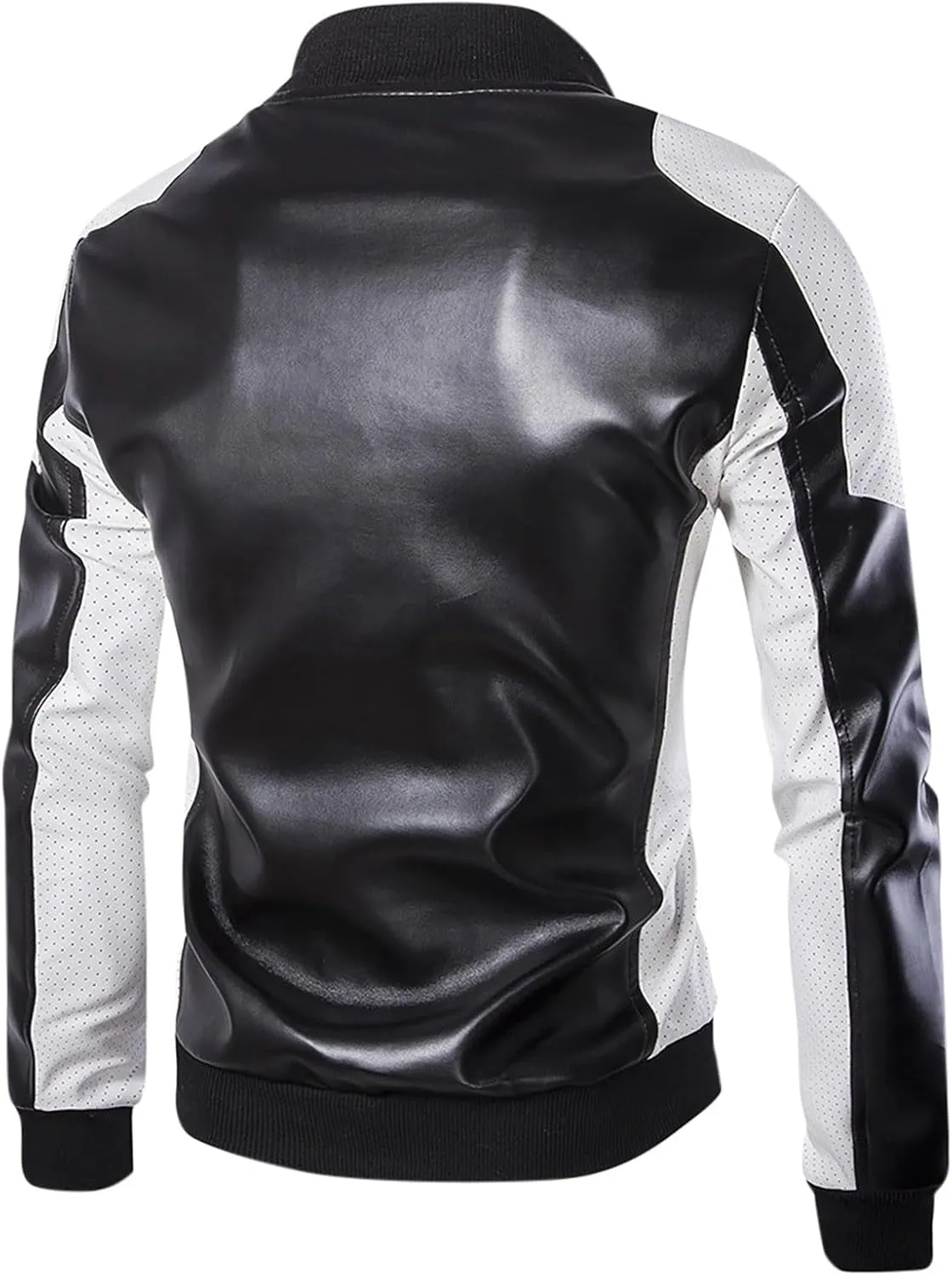 Mens Leather Jacket Color Block Moto Jacket Windproof Zip up Jacket Faux Leather Winter Coat with Pockets