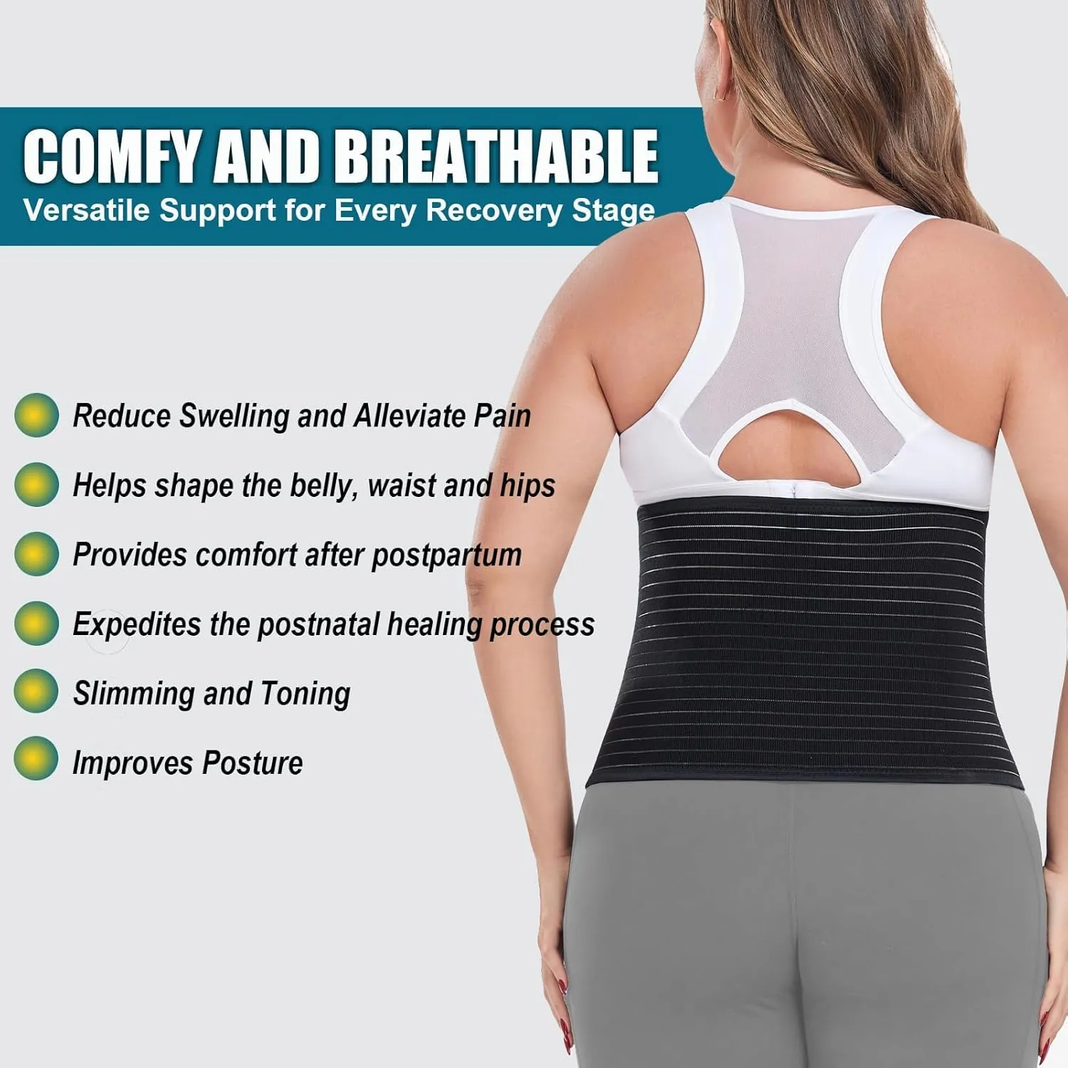 Postpartum Belly Band Abdominal Binder Post Surgery, for Natural Delivery & C-Section Recovery, 9.7" High Adjustable Compression Belly Wrap,Polyester Made with Bamboo Charcoal Fiber(Black, S/M)