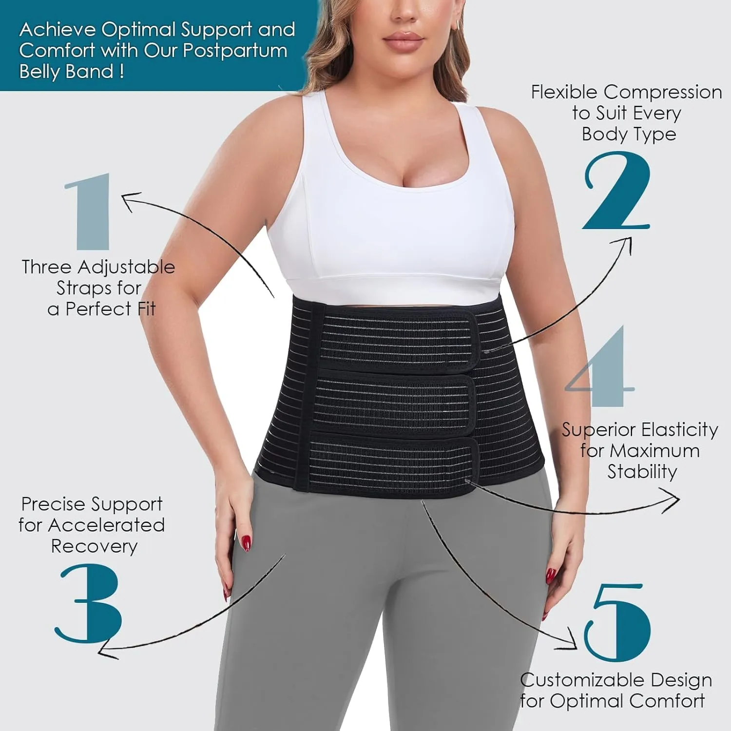 Postpartum Belly Band Abdominal Binder Post Surgery, for Natural Delivery & C-Section Recovery, 9.7" High Adjustable Compression Belly Wrap,Polyester Made with Bamboo Charcoal Fiber(Black, S/M)