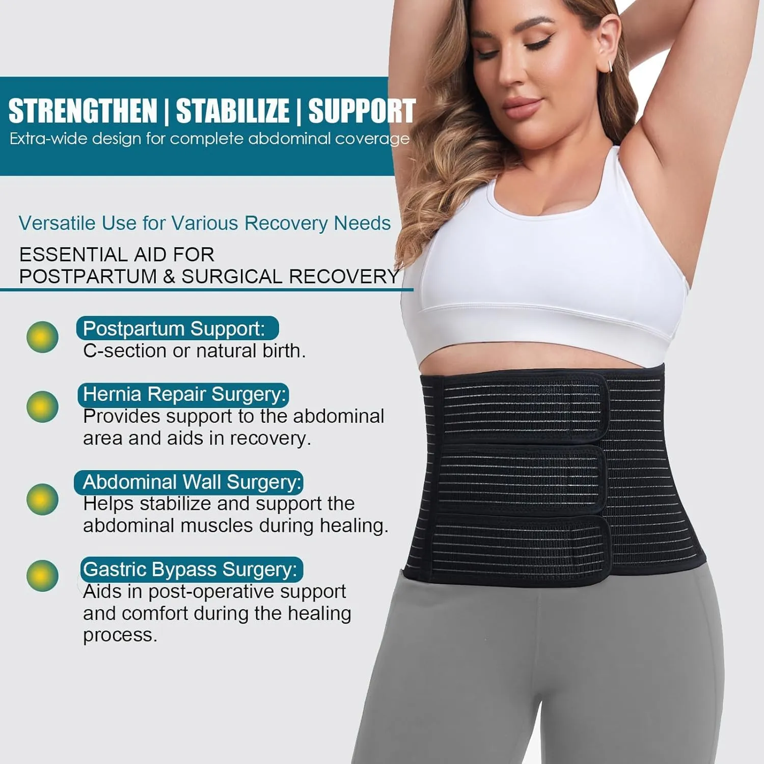 Postpartum Belly Band Abdominal Binder Post Surgery, for Natural Delivery & C-Section Recovery, 9.7" High Adjustable Compression Belly Wrap,Polyester Made with Bamboo Charcoal Fiber(Black, S/M)
