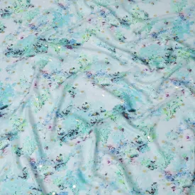 Powder blue Premium pure silk crepe fabric with multicolor print having gold metallic lurex dots in floral design-D15726
