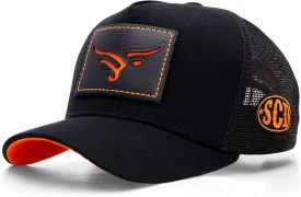 Sacudido's Cap Hat | Stylized Bull Trucker Cap - Black and Orange | Western Rancher Edition | Adjustable for Men Women