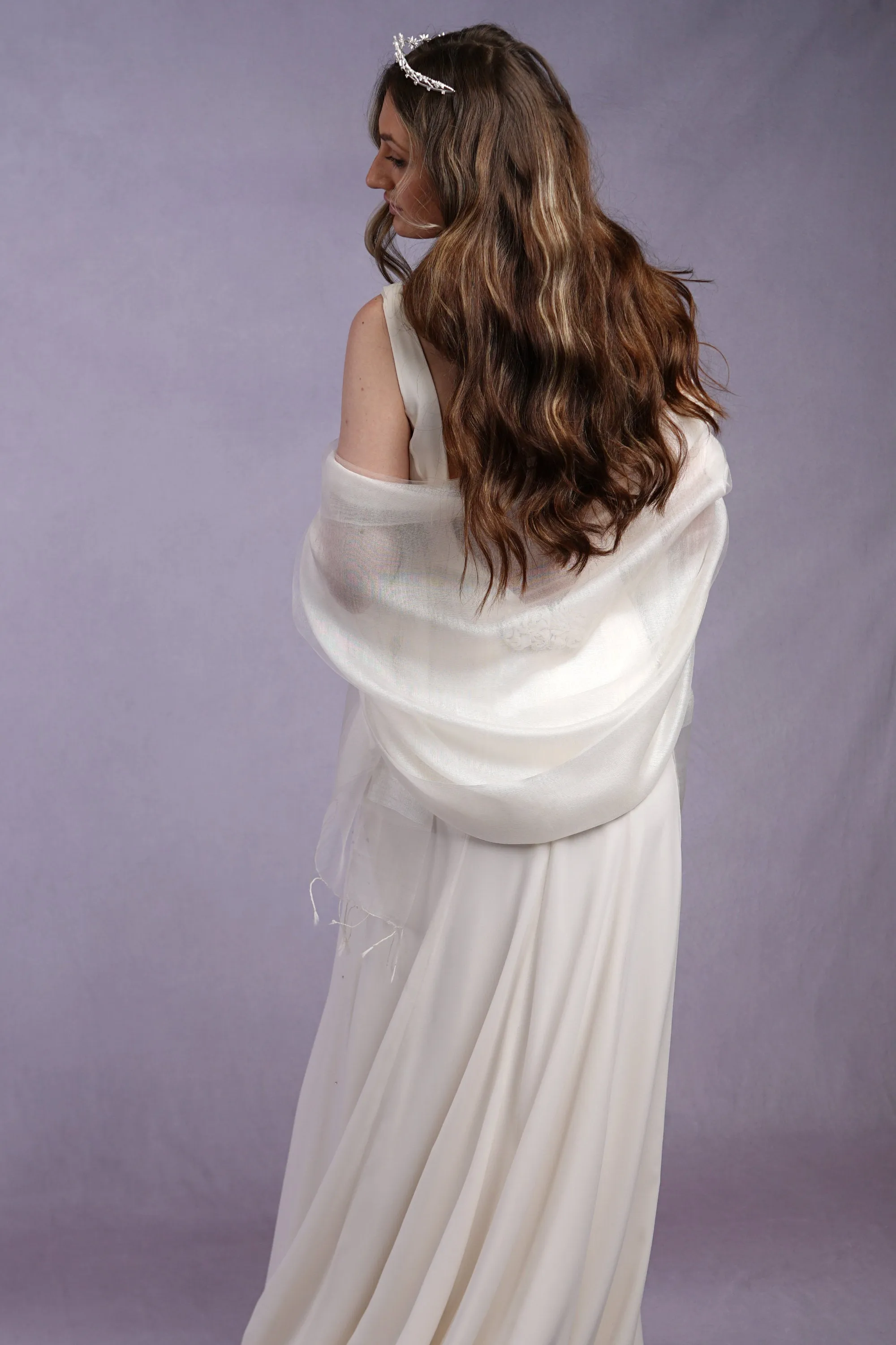 Sophia Double Layered Organza and Crepe Silk/Viscose Ivory Cream Tasselled Bridal Bridesmaid Special Occasion Wrap Semi-Sheer Stole