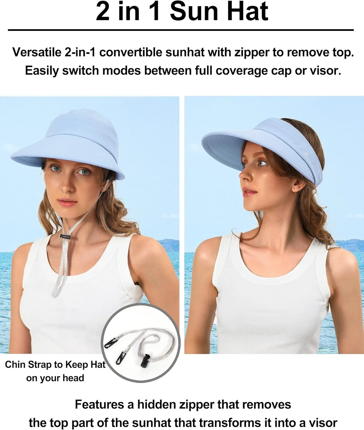 Sun Hats for Womens Wide Brim Visor UV Protection Dual Purpose Hat for Beach Summer Packable Cap
