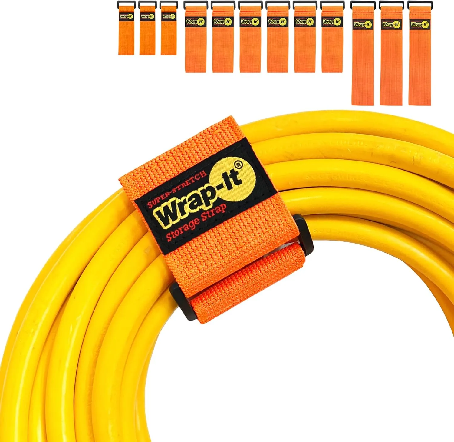 Super-Stretch Wrap-It Storage Straps - Assorted 12-Pack Orange - Elastic Hook and Loop Cinch Straps - Extension Cord Organizer, Hose and Cables Straps, Cord Wrap, Cord Keeper, Garage and RV Storage