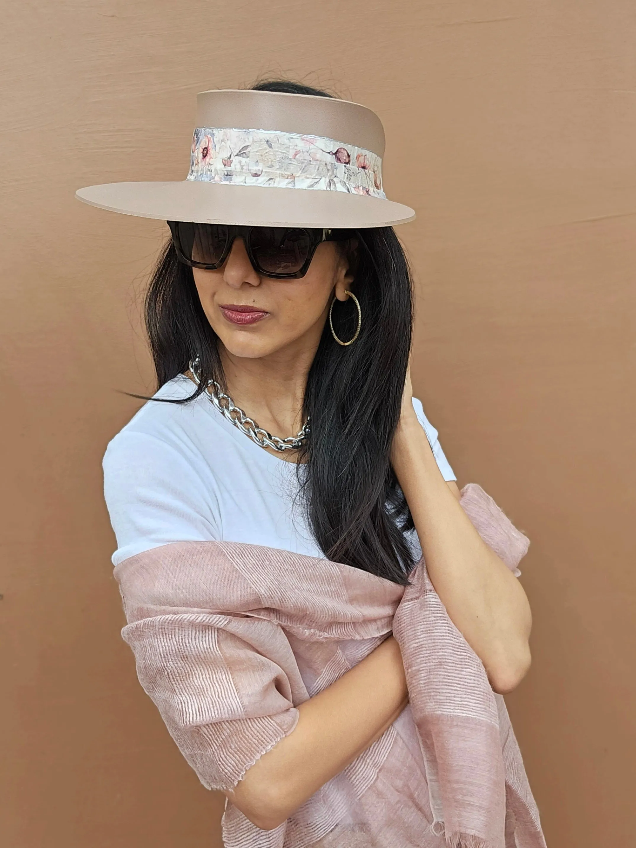 Tall Brown "LadyEVA" Visor Hat with Bold Pink Floral Band