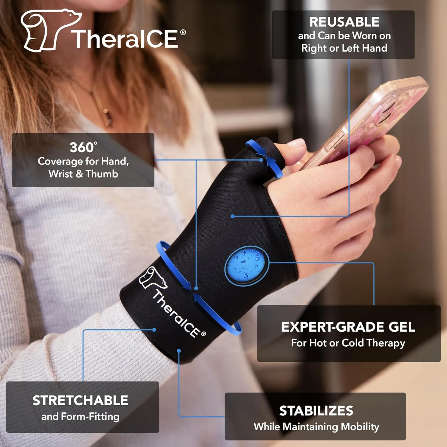 TheraICE Wrist Ice Pack - Soft Gel Ice Pack Wrap Thumb Brace for Either Wrist for Hot & Cold Hand Therapy - Fits Most Women - S/M