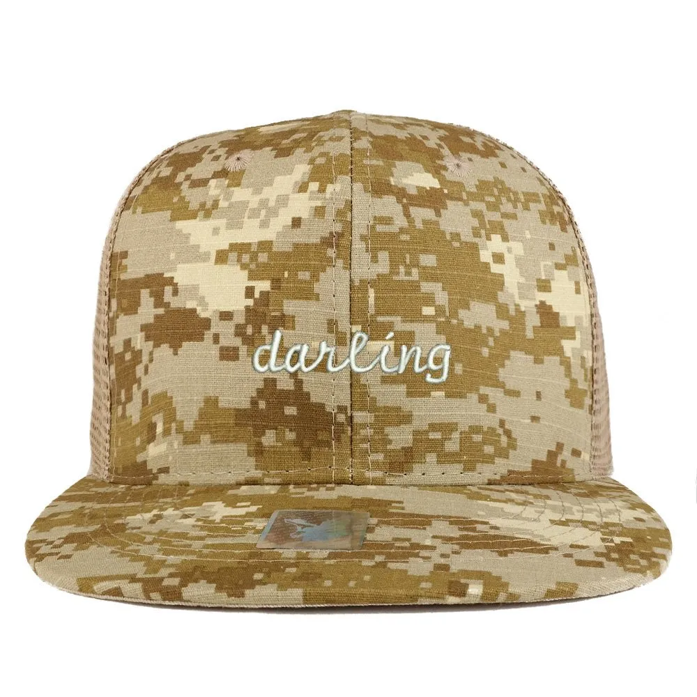 Trendy Apparel Shop Darling Embroidered Cotton Camo Flat Bill Mesh Trucker Cap