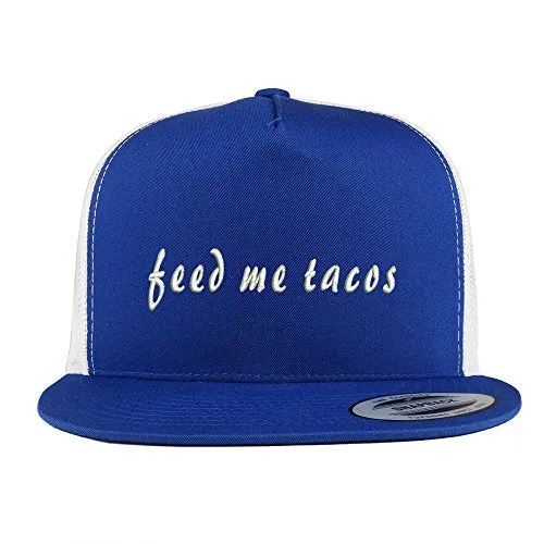 Trendy Apparel Shop Feed Me Tacos Embroidered 5 Panel Flat Bill 2-Tone Trucker Mesh Cap