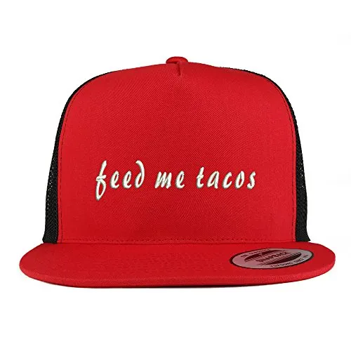 Trendy Apparel Shop Feed Me Tacos Embroidered 5 Panel Flat Bill 2-Tone Trucker Mesh Cap