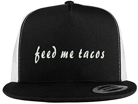 Trendy Apparel Shop Feed Me Tacos Embroidered 5 Panel Flat Bill 2-Tone Trucker Mesh Cap