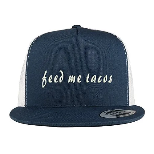 Trendy Apparel Shop Feed Me Tacos Embroidered 5 Panel Flat Bill 2-Tone Trucker Mesh Cap