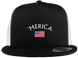 Trendy Apparel Shop Merica Small American Flag Embroidered 5 Panel Flat Bill 2-Tone Trucker Mesh Cap