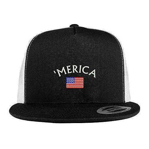 Trendy Apparel Shop Merica Small American Flag Embroidered 5 Panel Flat Bill 2-Tone Trucker Mesh Cap
