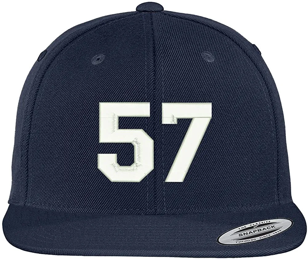 Trendy Apparel Shop Number 57 Collegiate Varsity Font Embroidered Flat Bill Snapback Cap