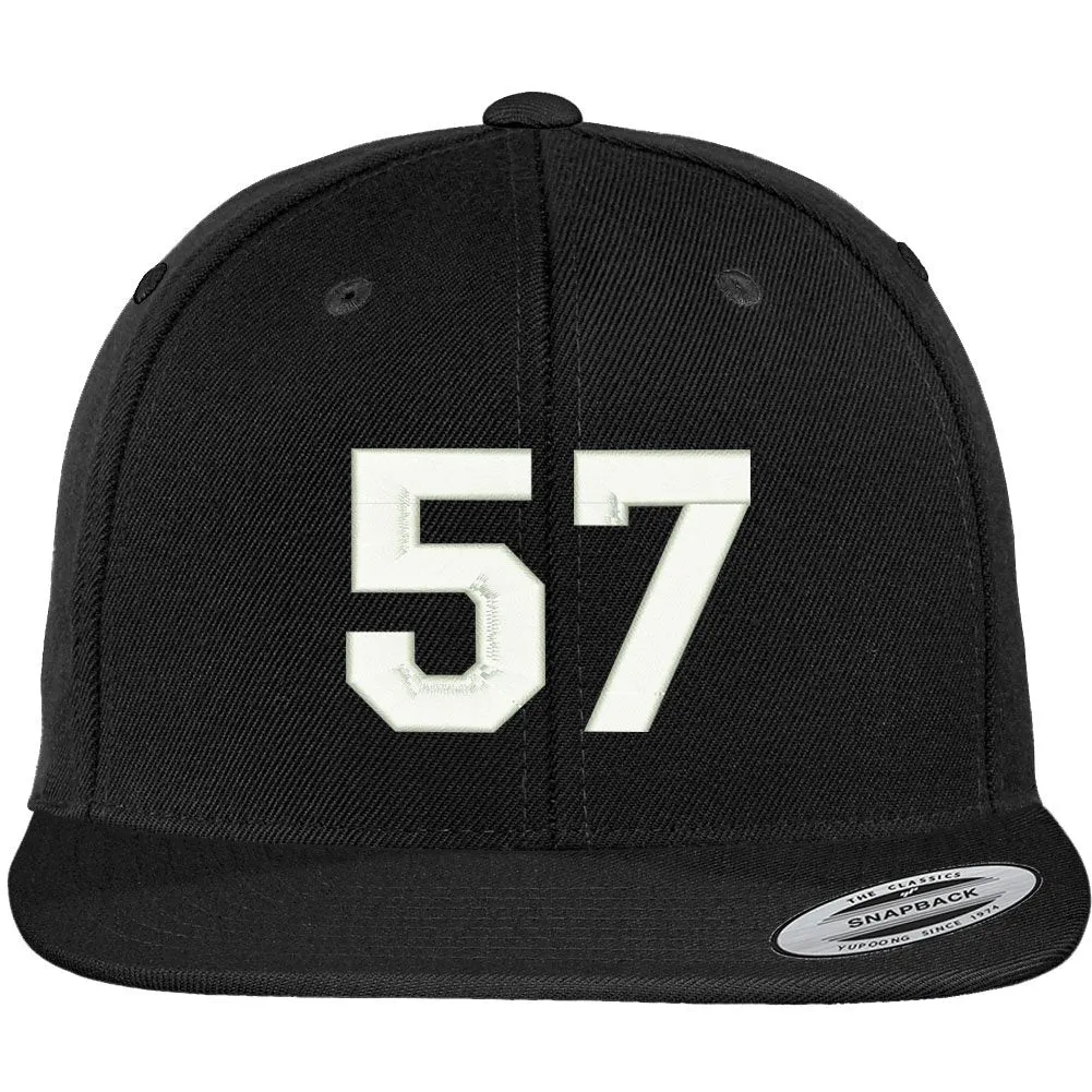Trendy Apparel Shop Number 57 Collegiate Varsity Font Embroidered Flat Bill Snapback Cap