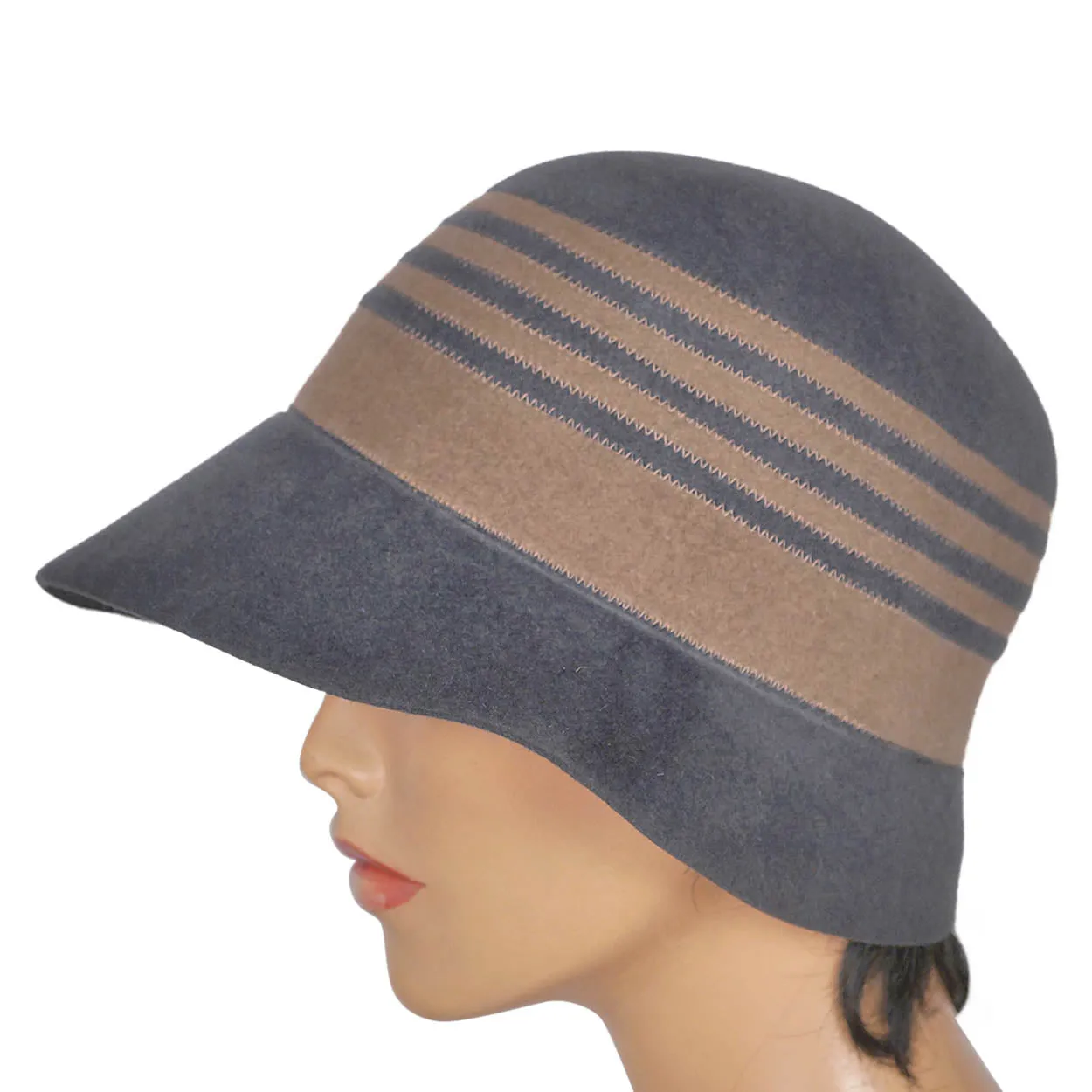 Vintage Borsalino Cloche Hat - Grey with Taupe Stripes Ladies Size 7