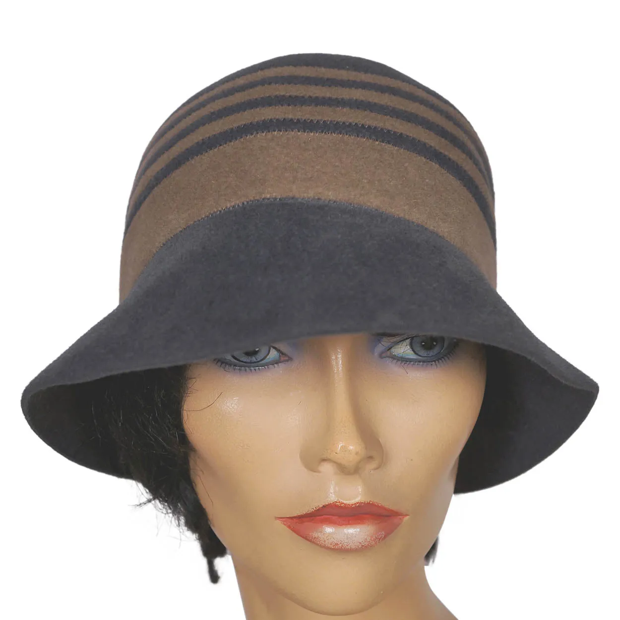 Vintage Borsalino Cloche Hat - Grey with Taupe Stripes Ladies Size 7