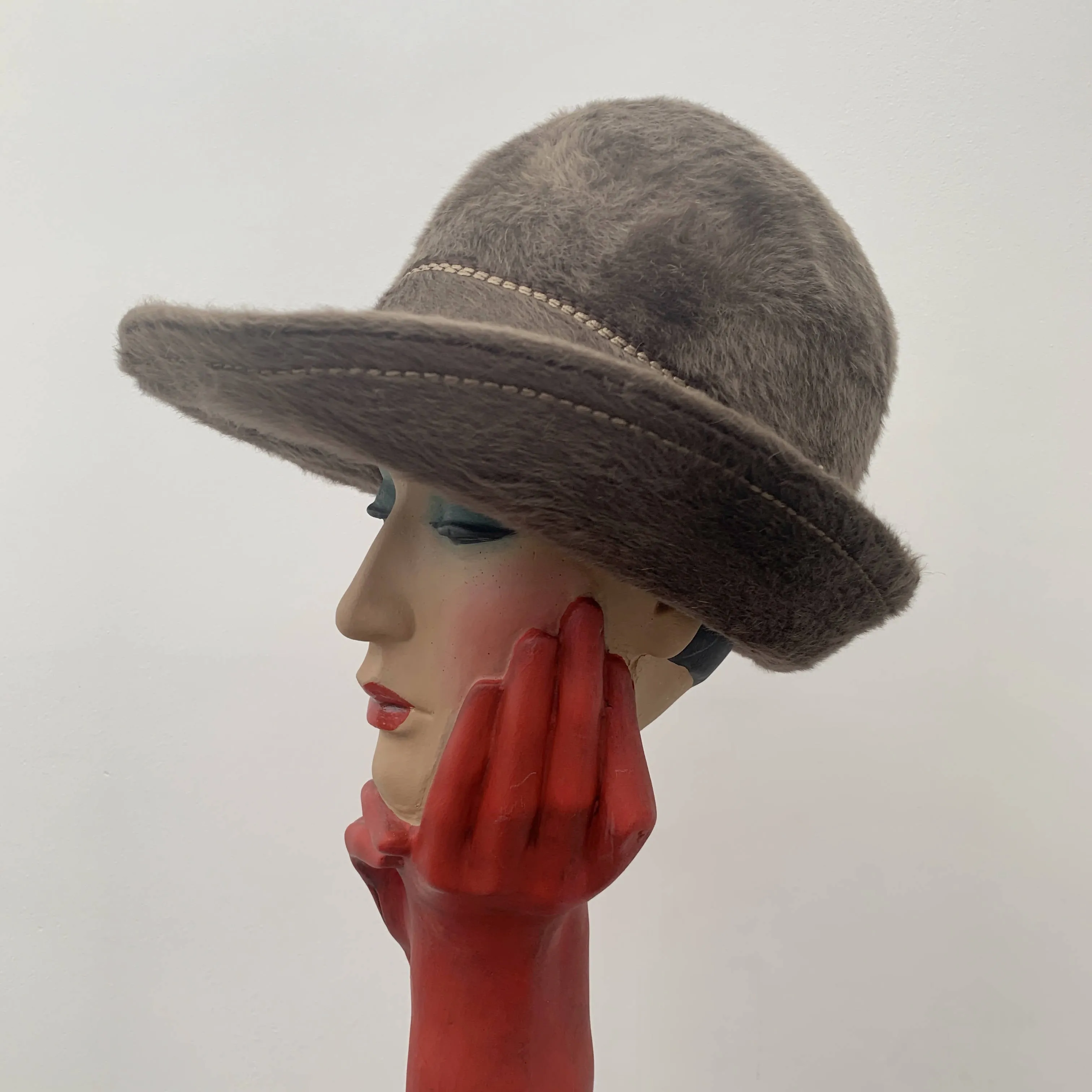 Vintage brown soft rabbit fur flower decorated cloche hat