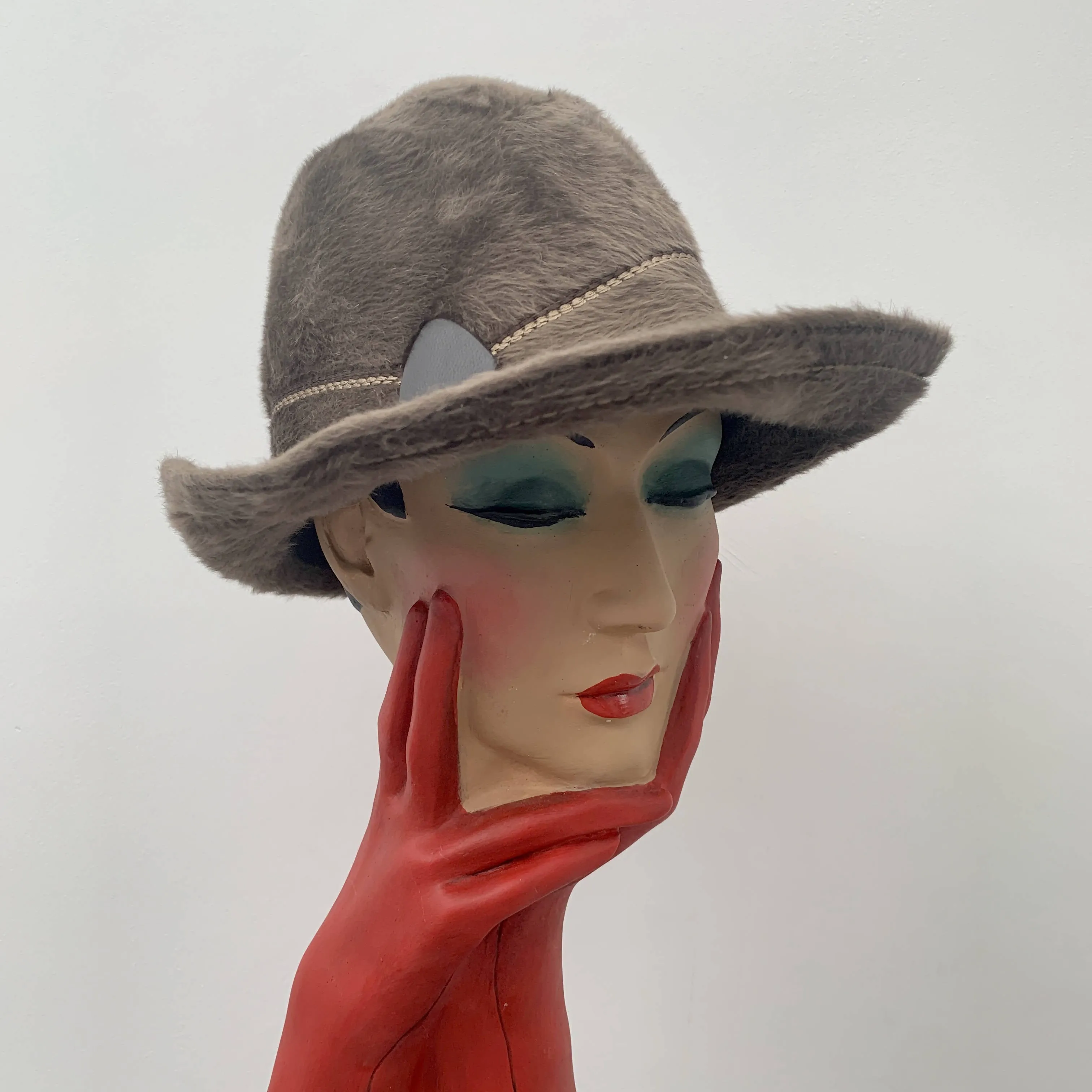 Vintage brown soft rabbit fur flower decorated cloche hat