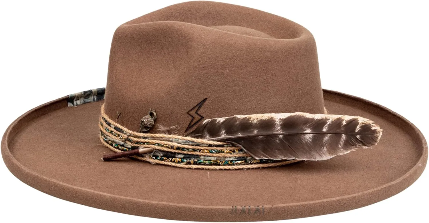 Vintage Wide Brim Fedora Hats for Mens Women 100% Wool Felt Panama Rancher Hat with Lightning Logo Distressed/Burned